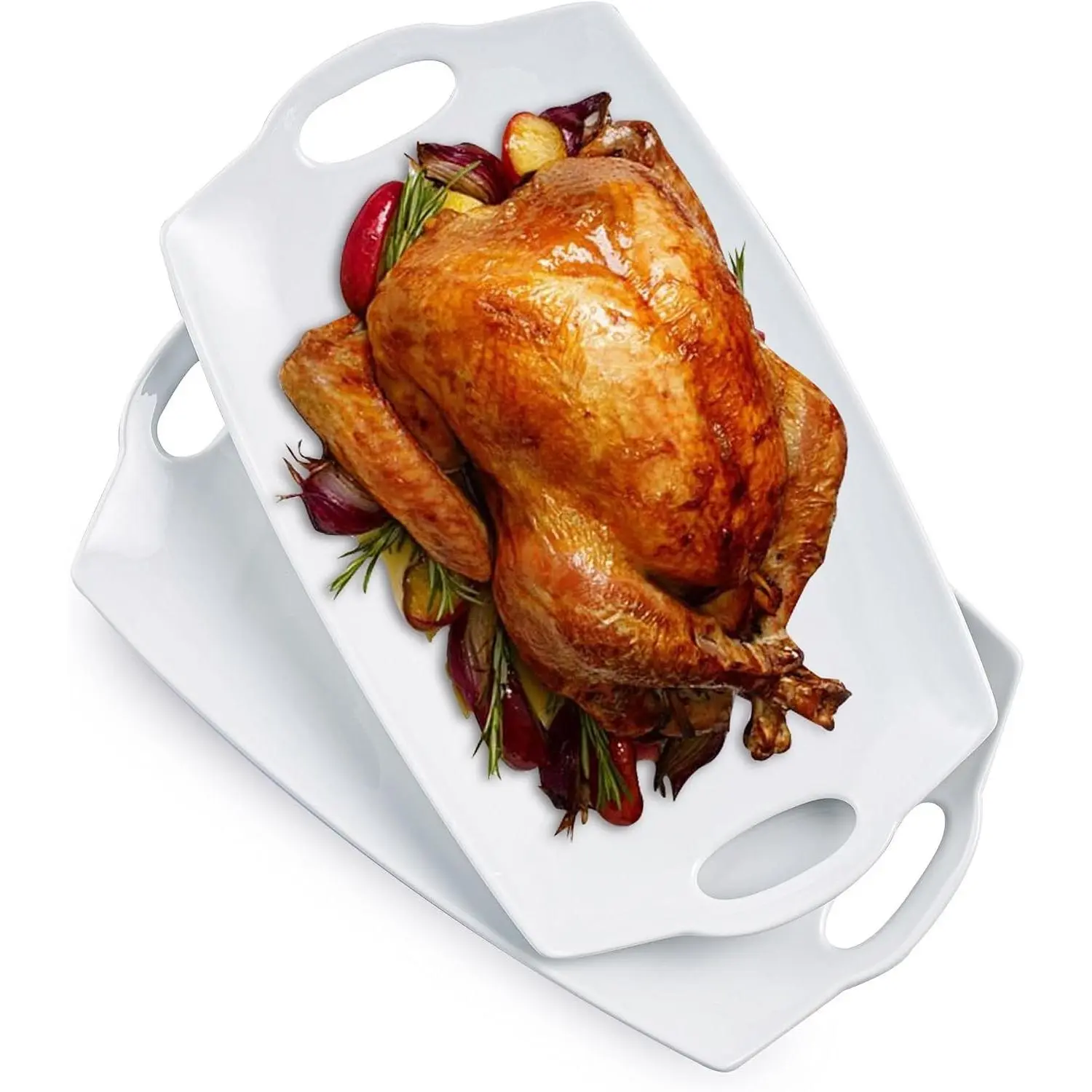 LYEOBOH 2-Piece 16in Large Rectangular Ceramic Serving Platters with Handles - Oven & Dishwasher Safe White Porcelain Plates for Family Steak, Thanksgiving Party Display