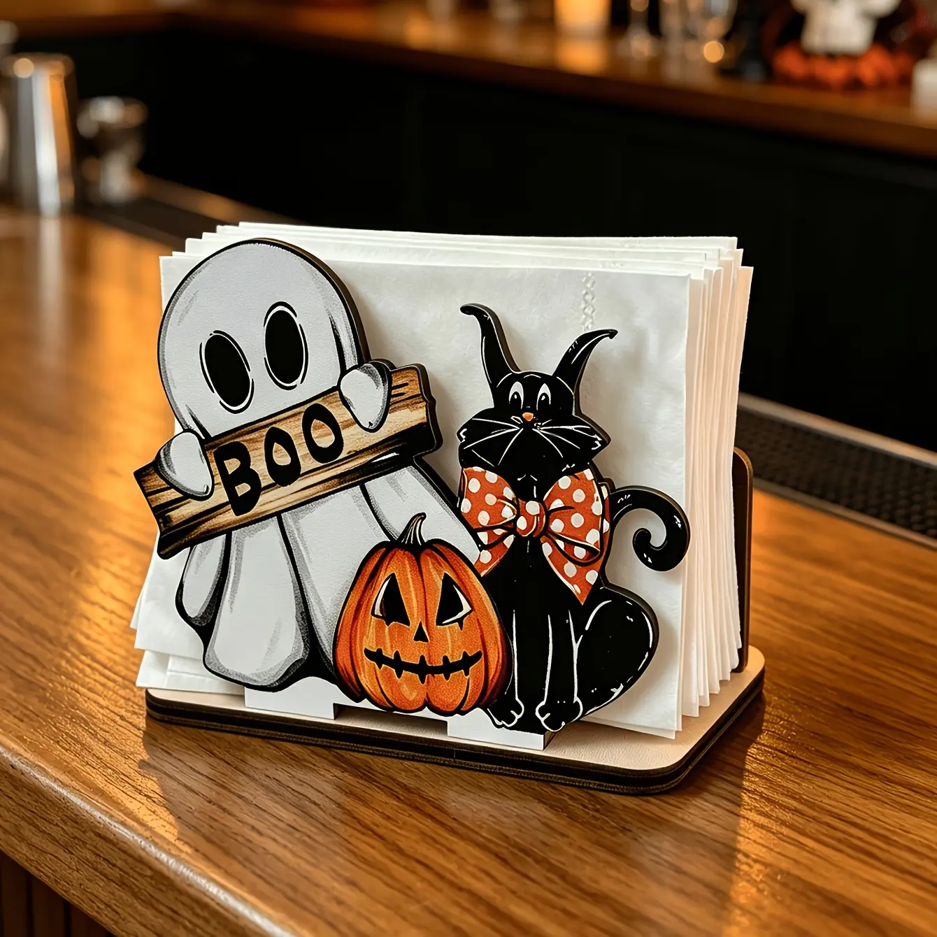 1Pc Halloween Wooden Napkin Holder,Cute Ghost With BOO Sign,Black Cat & Pumpkin Pattern Design,Desktop Napkin Dispenser,Spooky Halloween Party Decor,Kitchen Counter Dining Table Napkin Organizer,Halloween Themed Home Tabletop Decoration