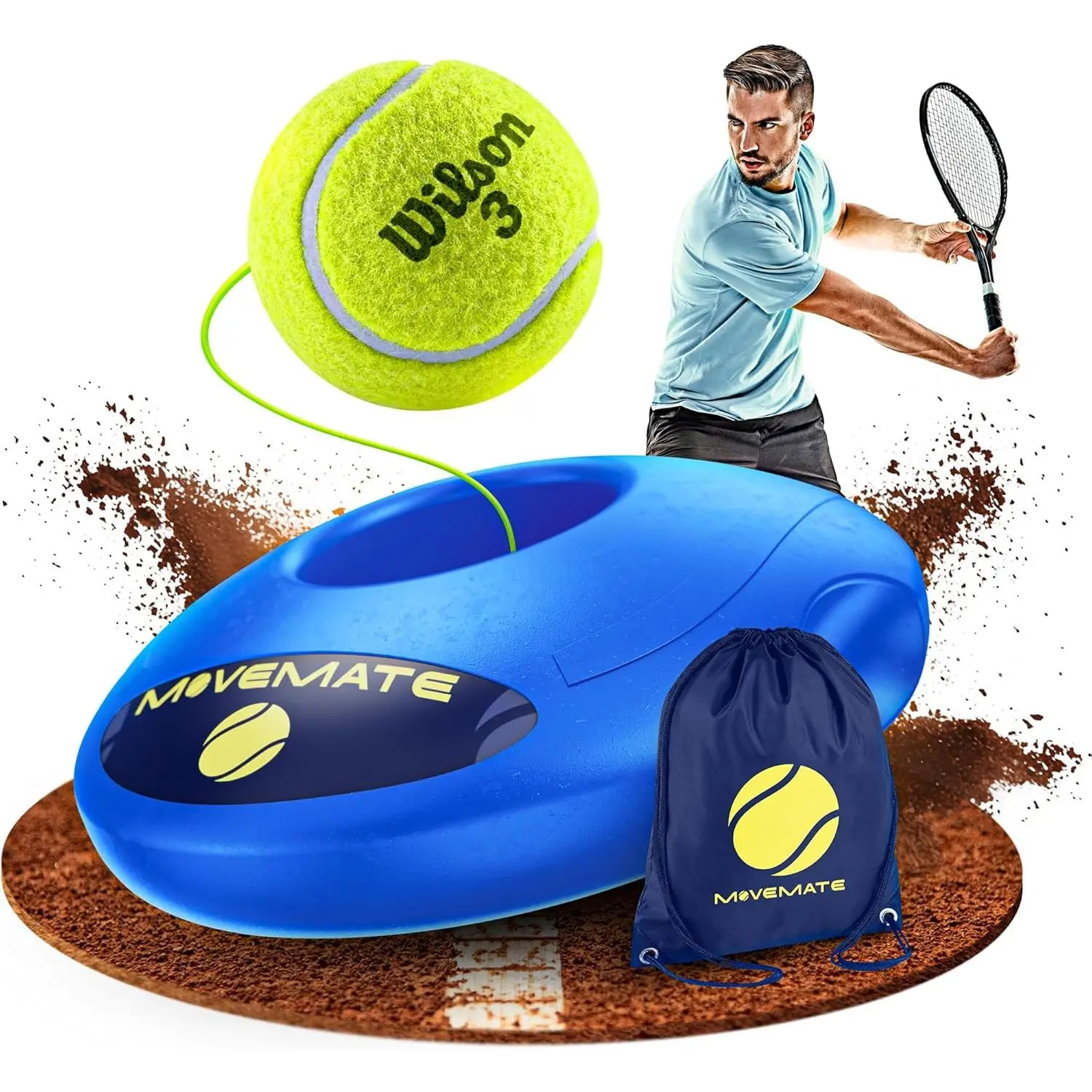 Tennis Rebound Trainer Set Wear Resistant Elastic Cord Water Fill Stable Base Solo Practice Training Equipment Outdoor Backyard Driveway Park Play Game For Kids Adults Come With Storage Carry Bag QR Code Exercise Tutorial Videos