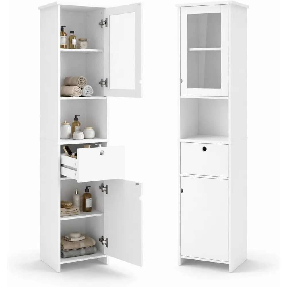 Tall Storage Cabinet with Painted Water-Resistant Finish, Adjustable Shelves with Open and Glass Door Display, Ideal for Bathroom, Living Room, Entryway, or Kitchen Organization and Storage