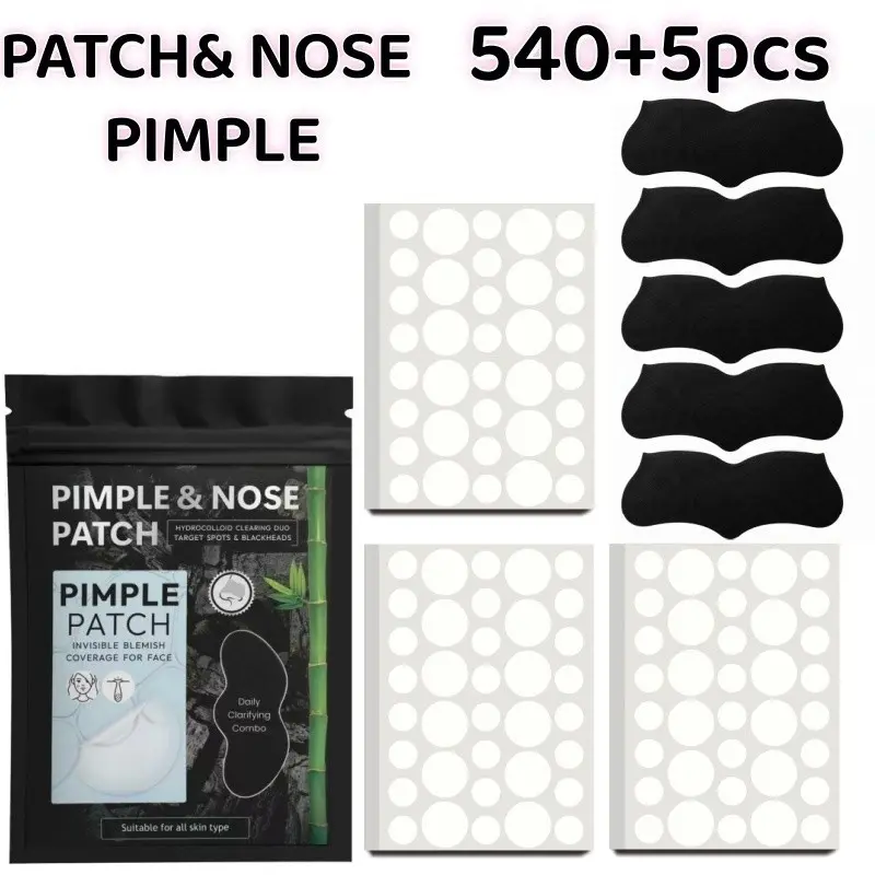 540+5Pcs Clear Hydrocolloid Pimple Patches and Black Nose Strips, 2-in-1 Multi-Size Round Blemish Cover Set for Holiday Parties, Pre-Makeup Prep, Travel and Daily Skincare