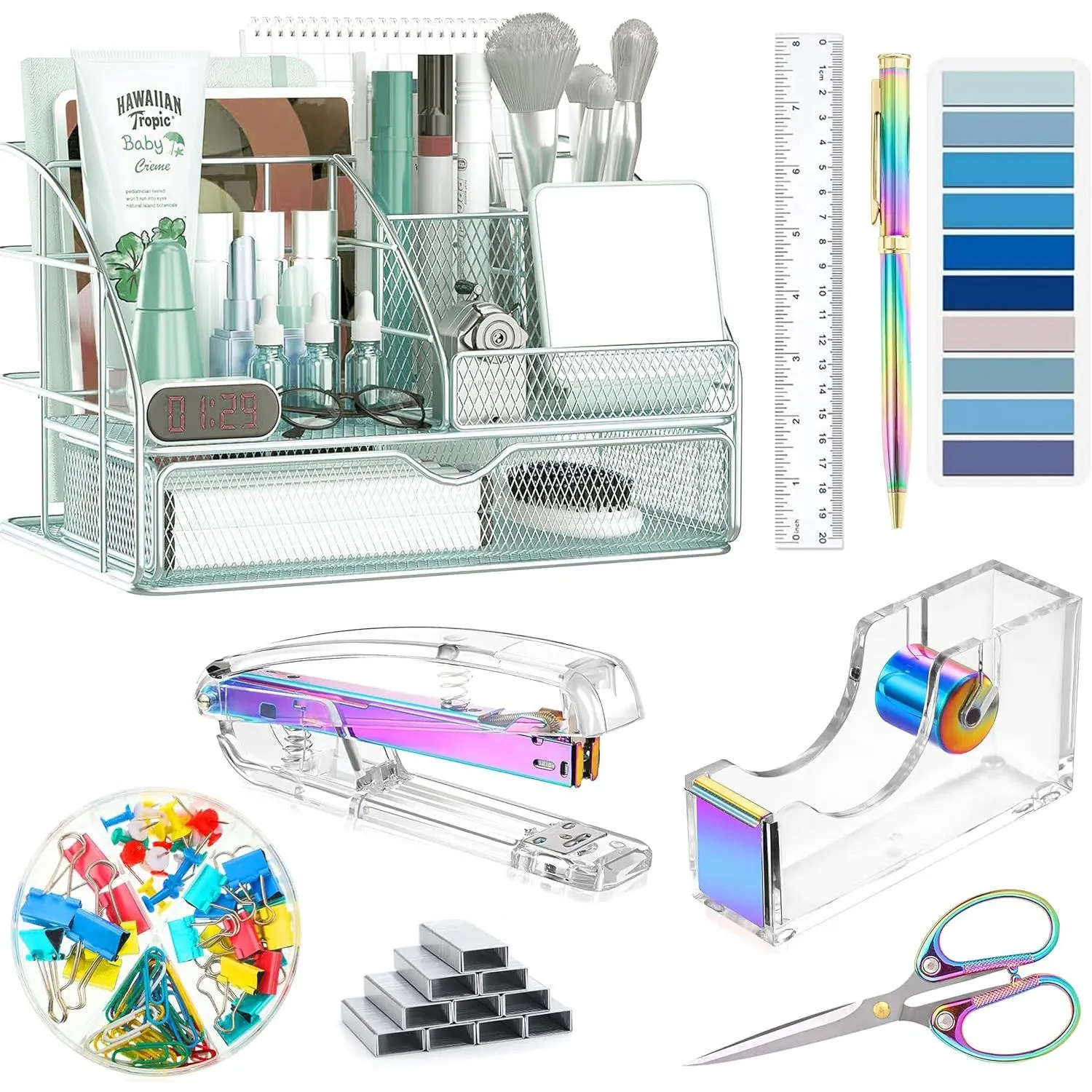 Dream Color Desk Accessories, Office Desk Organizers and Accessories Supplies with Mesh Desk Organizer, Tape Dispenser, Stapler, , Ballpoint Pen, Clips Set, Ruler, Scissor, Sticky Tabs