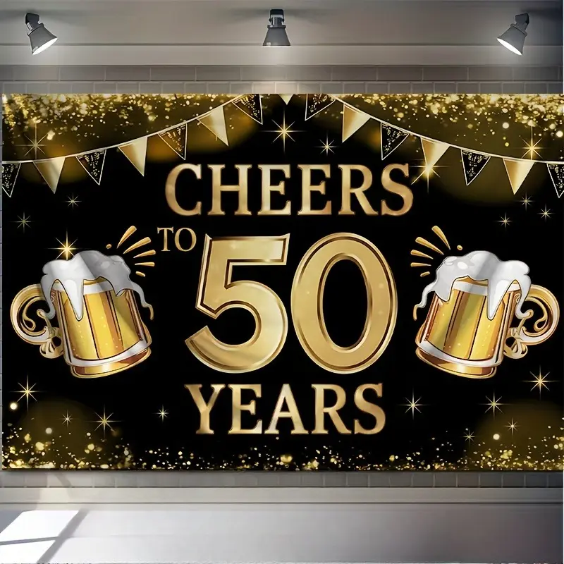 Happy 50th Birthday Backdrop, Elegant Celebration Polyester Tapestry for Birthday Parties, Photo Booths, Home Wall Decor, Room Decoration and Party Events
