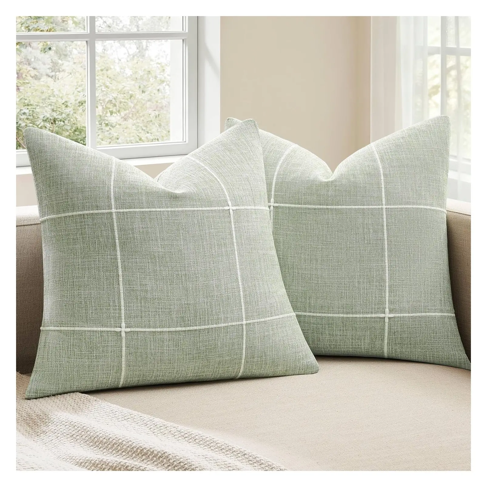 2-Pack Sage Green Grid Embroidery Throw Pillow Covers 18x18 Inch – Farmhouse Linen Checked Decorative Accent Cushion Covers, Home Decor for Sofa Bed Living RoomGift