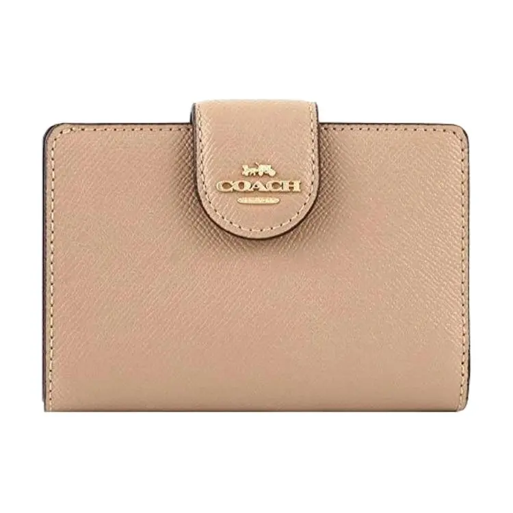 COACH Corner Zip 13 Crossgrain Leather Coin Purse and Card Wallet for Women, Neutral Oatmeal Color