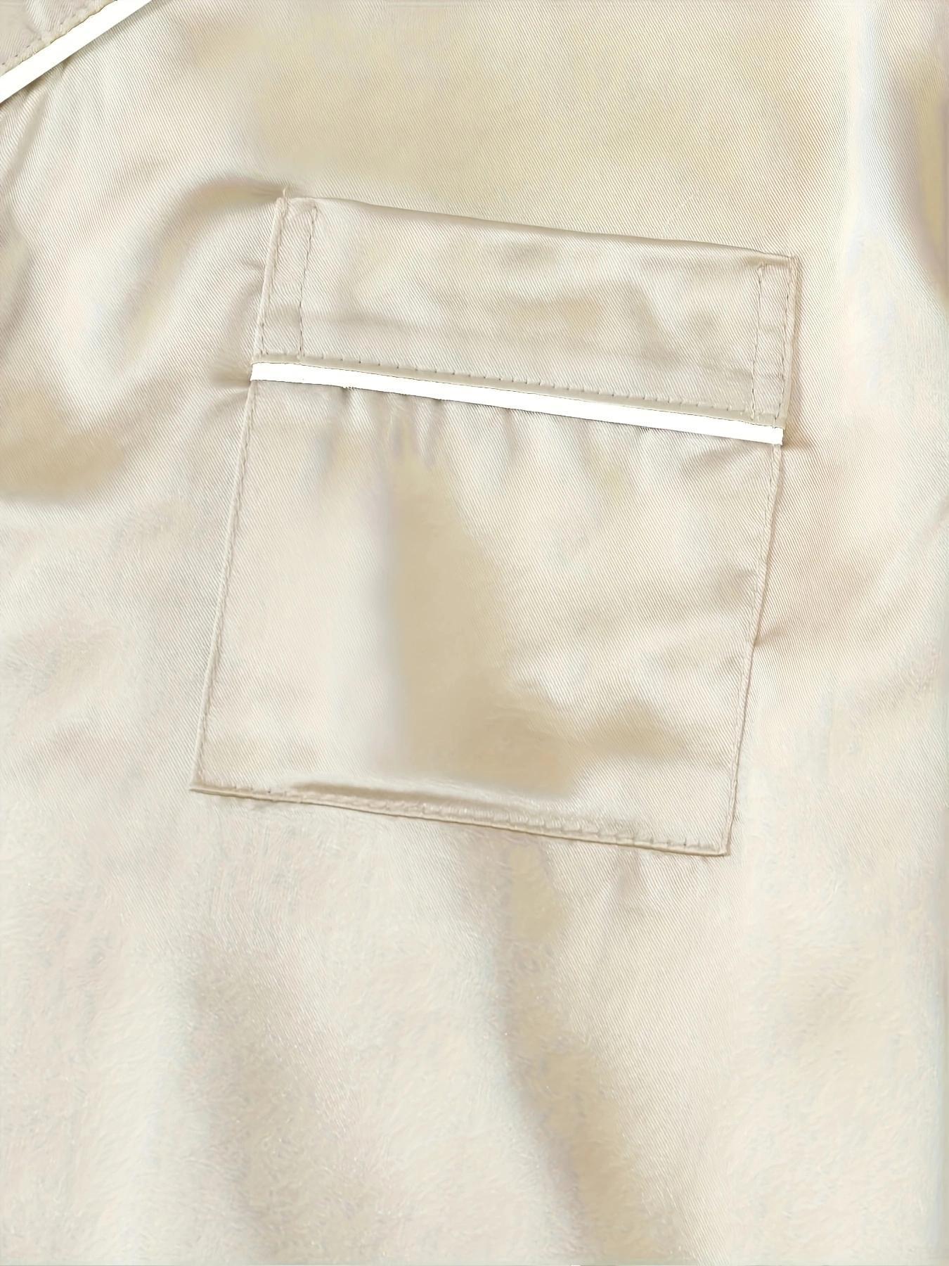 Women's Contrast Binding Button Front Satin Pyjama Dress, Soft Basic Casual Comfy Short Sleeve Lapel Neck Pocket Nightdress, Ladies Sleepwear for All Seasons, Lounge Pajama Style, Pajamas, Loungewear, Homewear