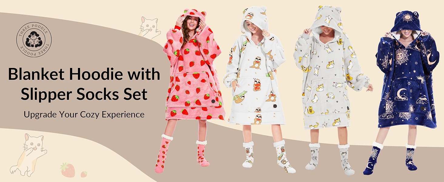 Wearable Blanket Hoodie with Slipper Socks Set, Oversized Blanket Sweatshirt Hoodie for Men Kids, One Size Fits All (Sloth)