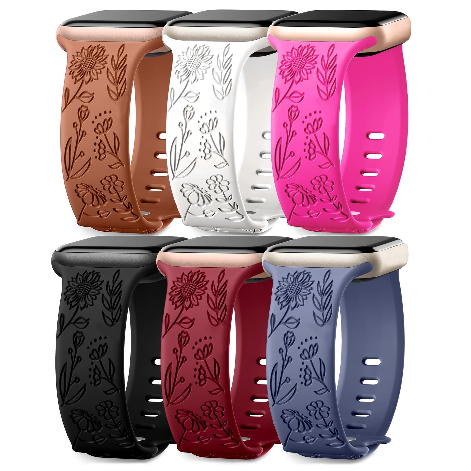 6-Pack Floral Engraved Silicone Apple Watch Bands – Soft Sport Strap 38–49mm (Series 1–11, SE, Ultra / Ultra 2 / Ultra 3), Women