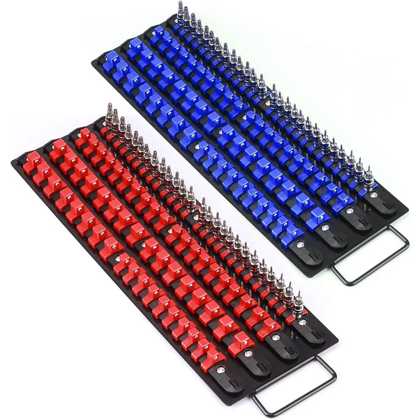 80- Portable Socket Organizer Tray, 2 count Set, Blue & Red, Tools Organizer 1/4-Inch, 3/8-Inch, 1/2-Inch, Heavy Duty Socket Holder, Black Rails, Blue & Red Clips
