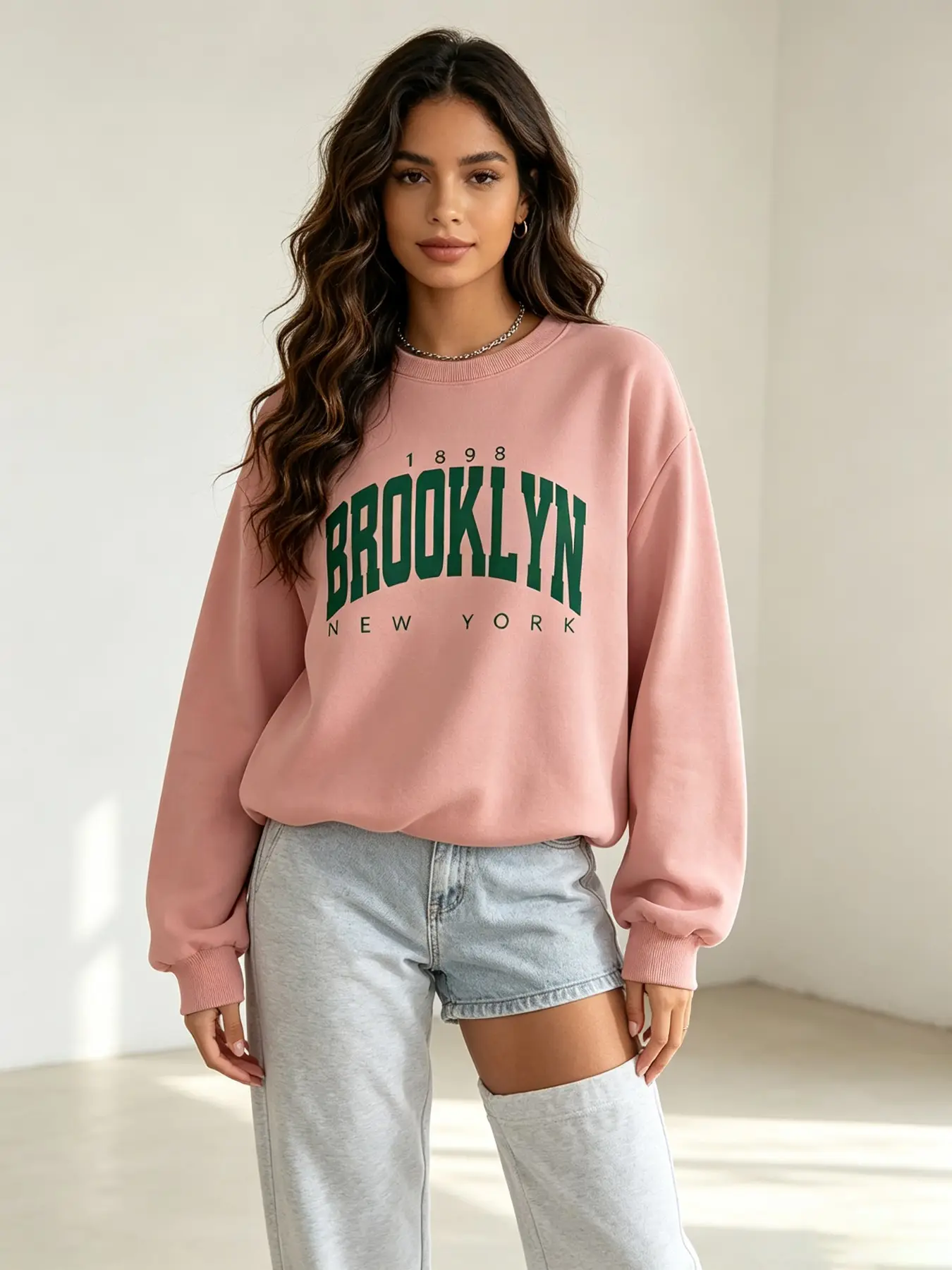 Women's Brooklyn Letter Print Round Neck Sweatshirt, Vintage College Style, Loose-Fit Long Sleeve Top, All Seasons Sporty Outer Vest