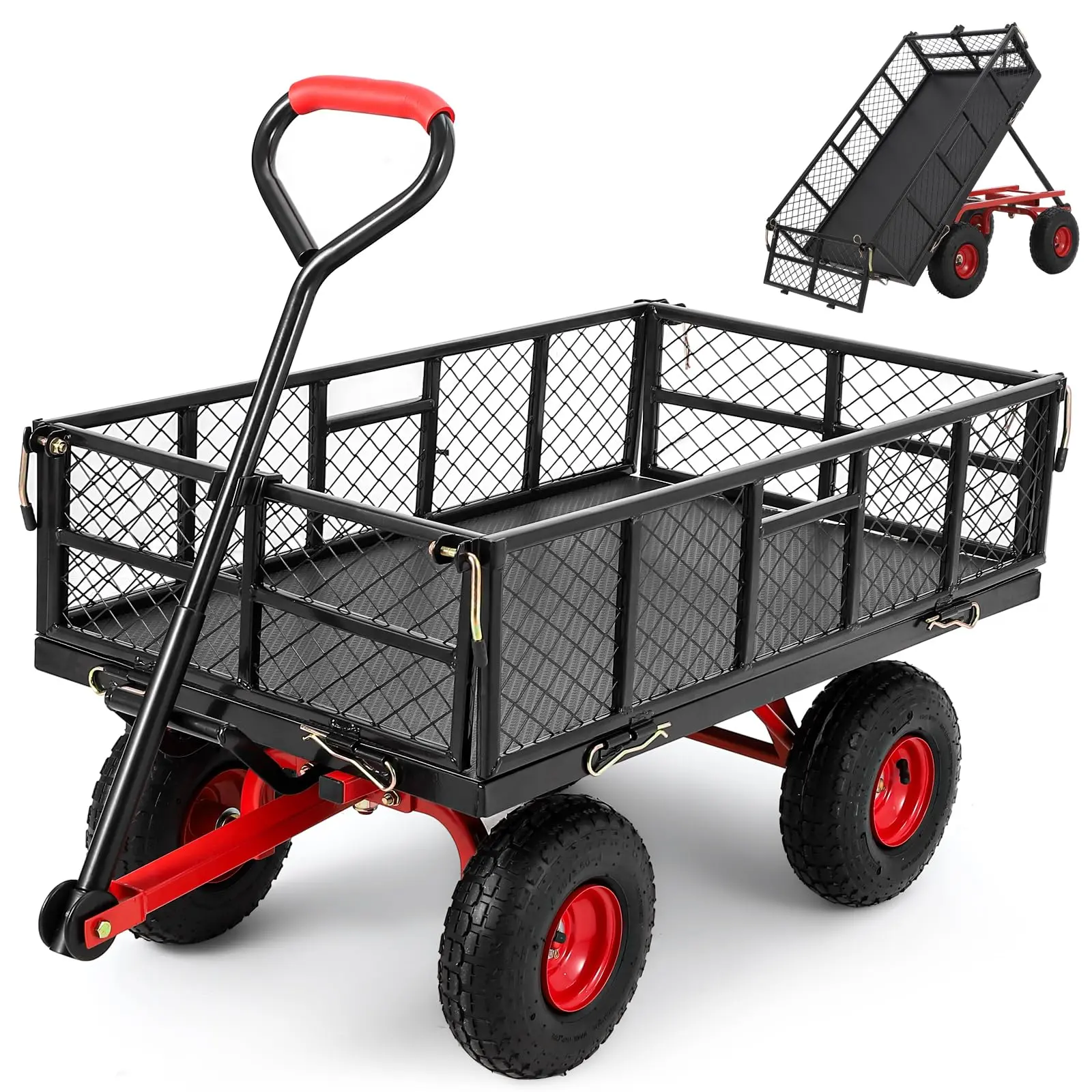 GARVEEHeavy-Duty Steel Garden and Yard Dump Cart with Removable Mesh Sides, 180° or 2-in-1 Rotating Handle, Durable 10" or 16" All-Terrain Wheels, Supporting 880lbs to 1400lbs for Farm and Utility Transport