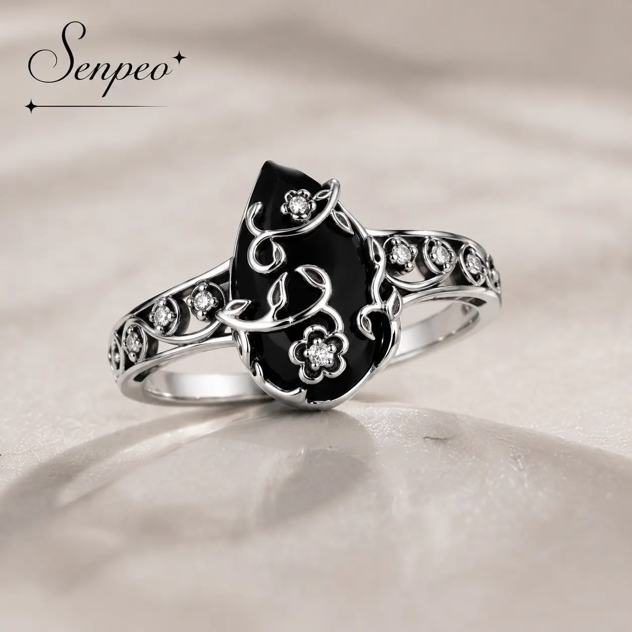 Silver Synthetic Obsidian Ring with Vintage Flower Design, Elegant Black Lab Grown Diamond Ring Jewelry for Women, Energy Crystal Ring Perfect for Daily Wear and Birthday Party, Mother's day Gift, with Gift Box