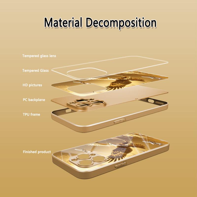 Super Cool Eagle Aircraft Gold Pattern Mobile Phone Case Suitable for iPhone 16ProMax-11ProMax, high definition glass protective case, fashionable design, durable material, shockproof protective case, technology enthusiasts, iPhone users iphone