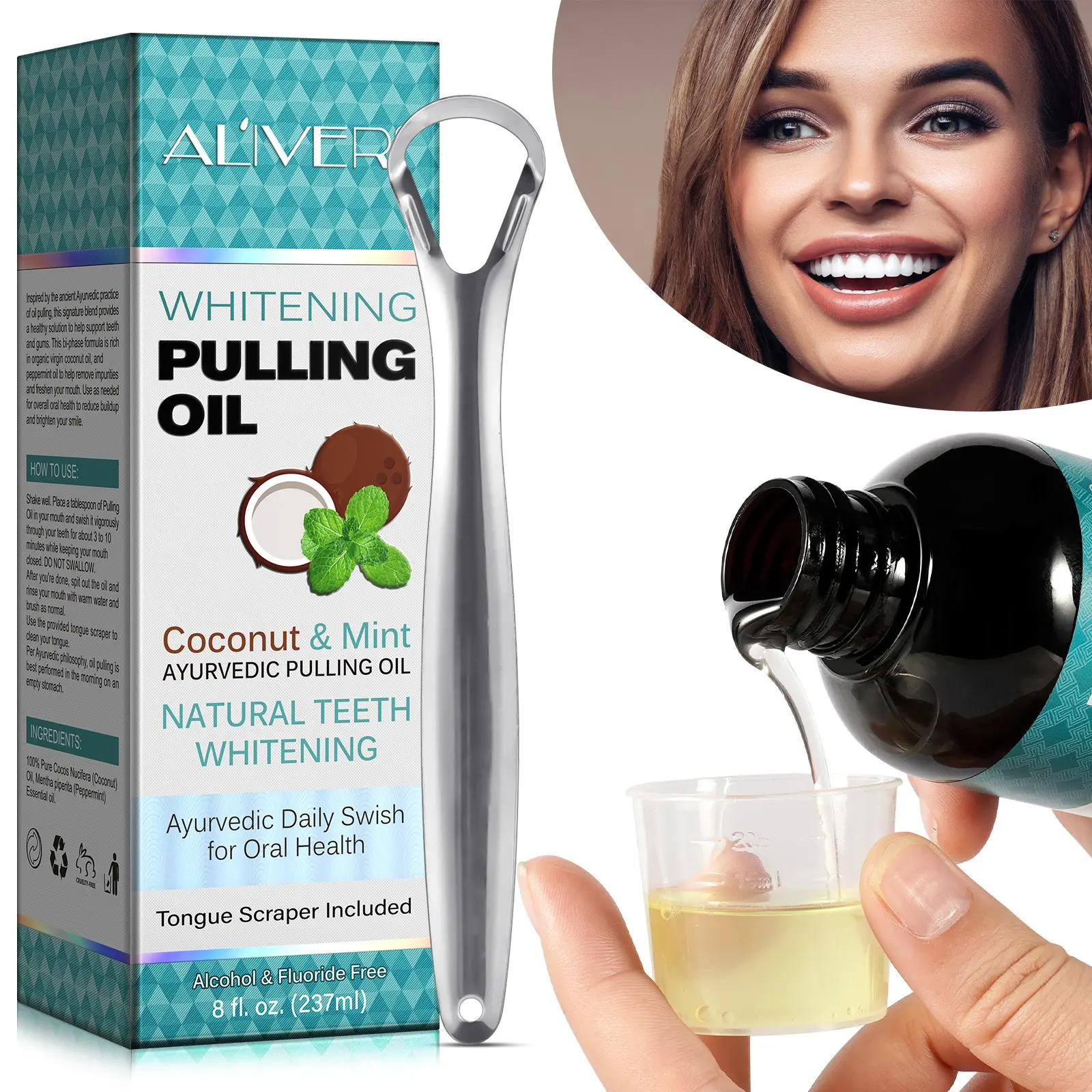 Aliver Coconut Oil Mint Natural Bad Breath Mouthwash 237ML Set, Tongue Scraper + Measuring Cup, Alcohol-Free, Fluoride-Free, Gentle Cleaning, Fresh Breath, Family Oral Care