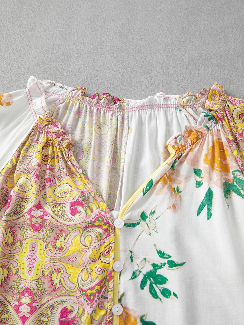 Women's Floral Print Frill Trim Shirred Notched Blouse, Boho Romantic Sleeve, Boho Bishop Sleeve Button Front Top for Spring & Fall, Women's Clothing for Daily Wear