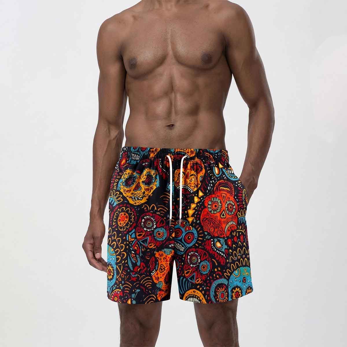 Gothic Skull Print Mens 2 Style Beach Shorts Set Casual Drawstring Quick Dry Swim Trunks for Summer Vacation and Surfing