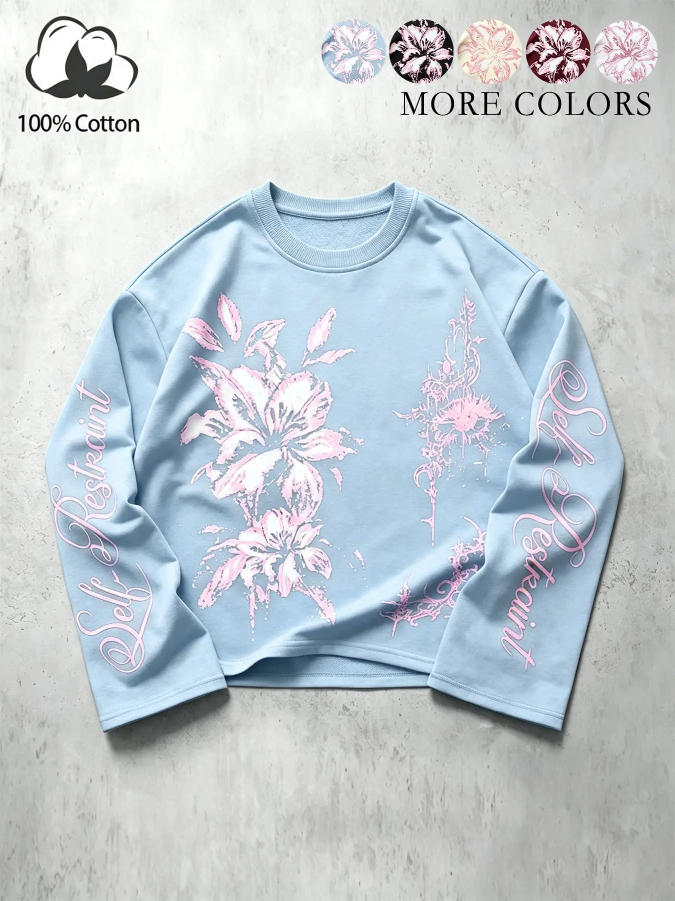 Unisex style, street-style American Gothic lily and Self Restraint floral pattern printed round-neck long-sleeve pullover top, 100% cotton, relaxed adaptation, casual spring and autumn long-sleeve top. Suitable for Y2K, street-style coolness in spring and