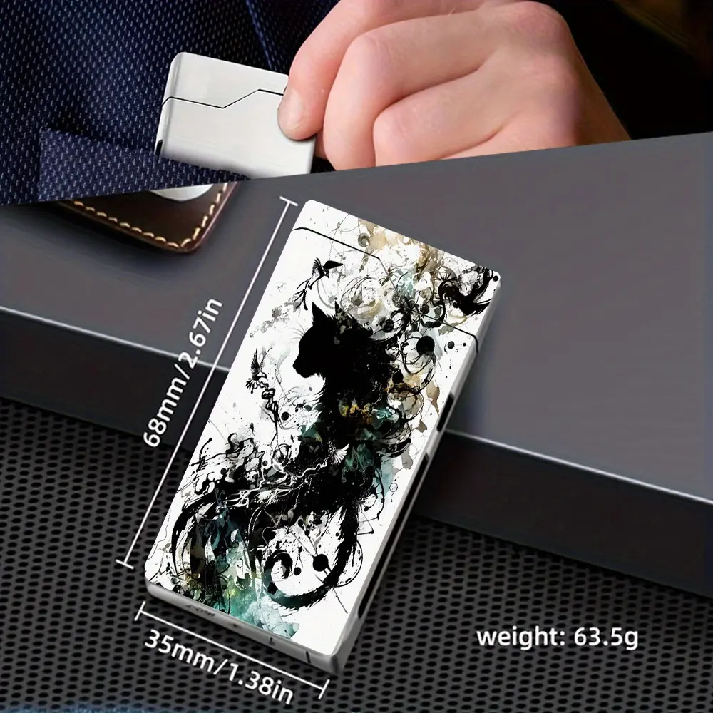 A Windproof Electric Lighter Featuring a Black Cat Silhouette Combined with an Ink Wash Style Design. It Includes a Metal Casing, Battery Level Display, Type-C Charging, Dual Arcs, Gift Box Packaging, a Power-Off Program