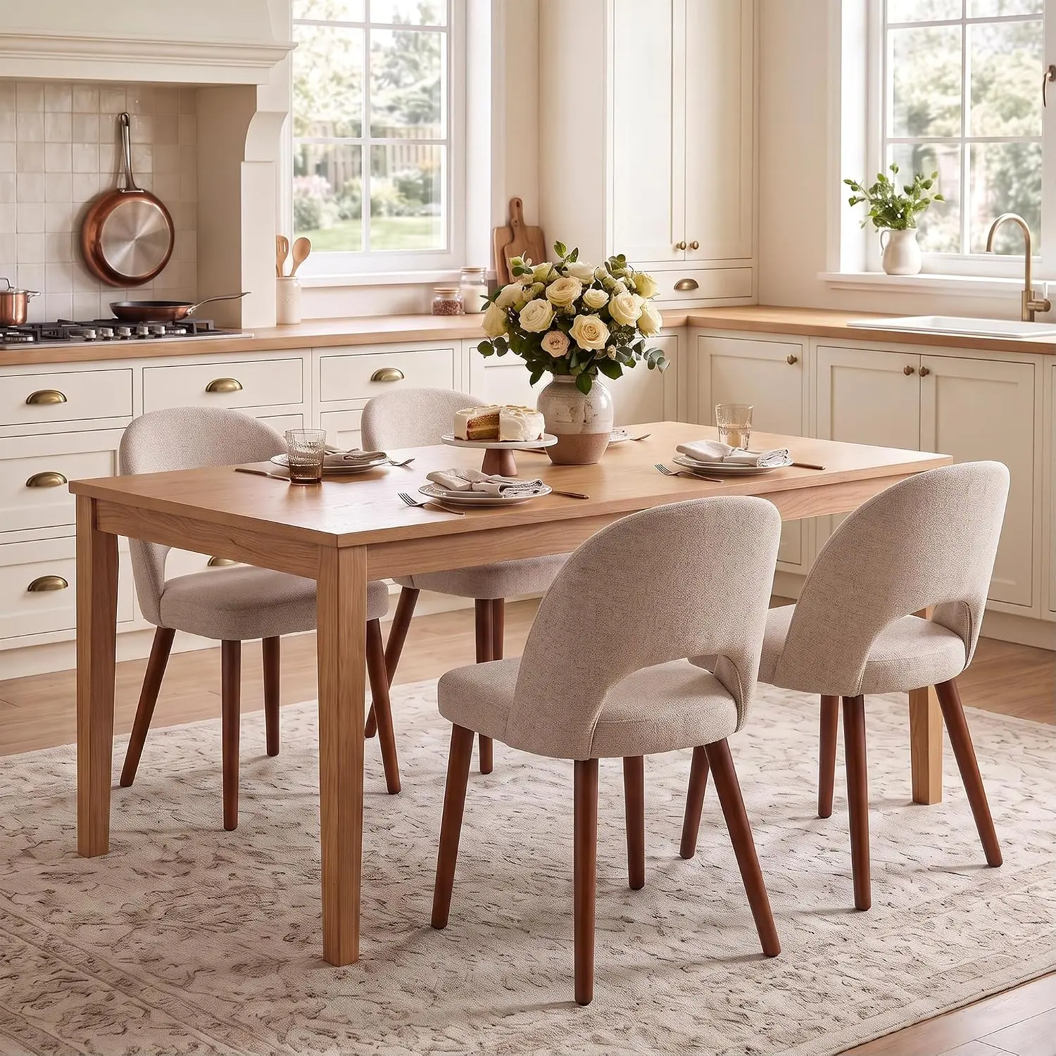 Hosslly 4-Piece Modern Farmhouse Upholstered Wooden Dining Chairs - Rubberwood Legs, Open High Curved Back, Linen Fabric, Easy Assembly for Kitchen, Dining Room