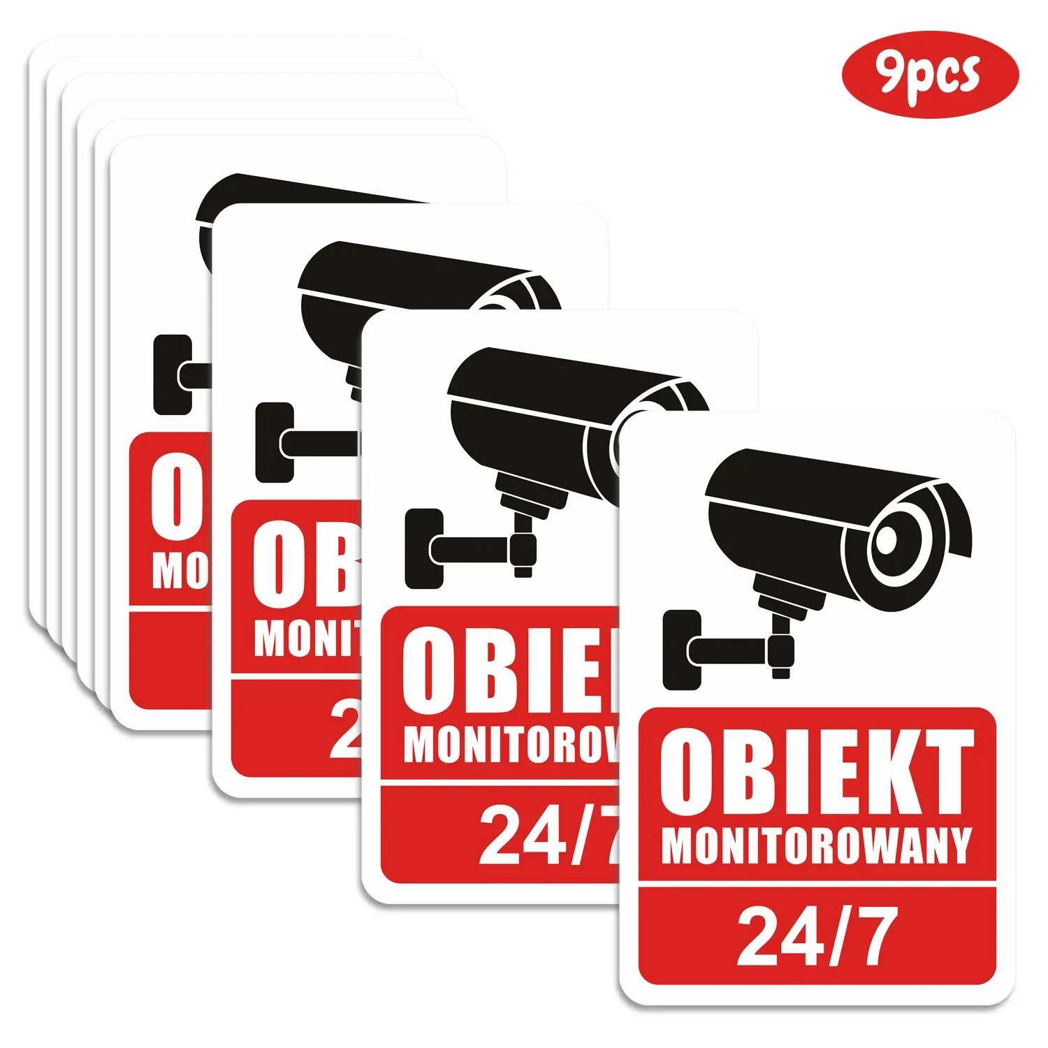 9pcs 24-Hour Video Surveillance Warning Stickers, Polish Language, Waterproof Security Labels, Monitoring Alert Stickers