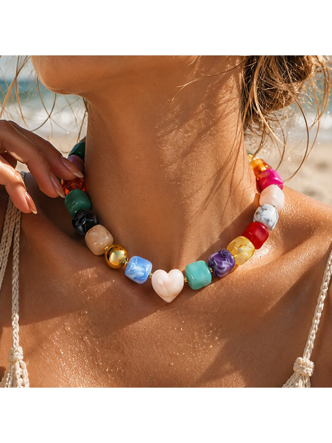 Dopamine Geometric Beaded Fashion Jewelry Set, Trendy Exaggerated Heart Necklace Bracelet for Women, Boho Colorful Matching Accessories