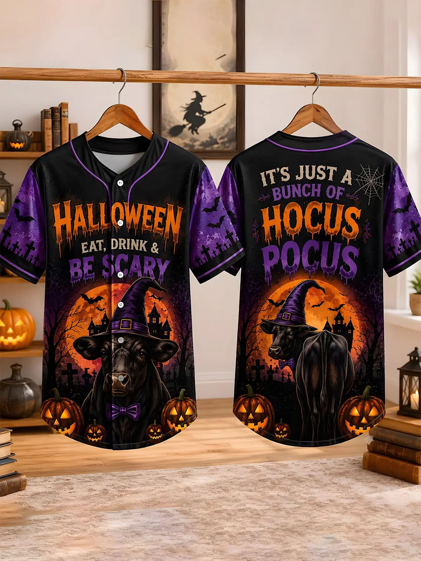 Gradient Hocuspocus Witch Baseball Jacket, Halloween Costume, Short Sleeve, Sporty Style, All over Print, Unlined
