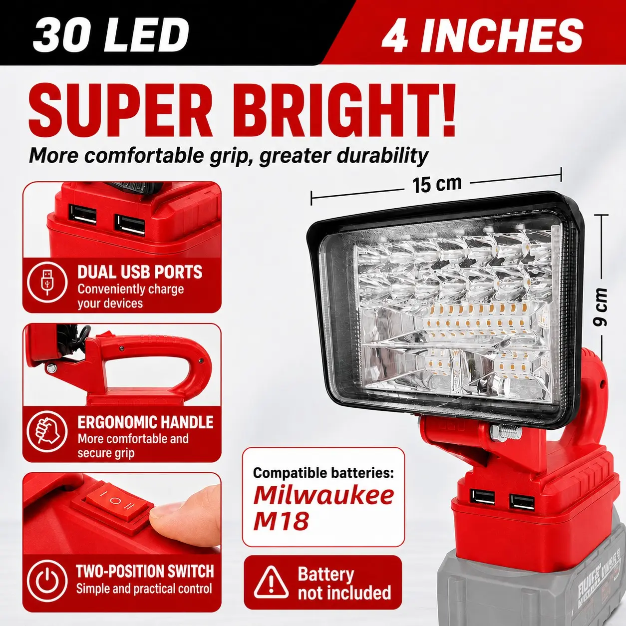Wireless LED Work Light Flashlights for Milwaukee 18v Battery, 14w Wide Beam, Dual USB Ports, Ideal for Emergency, Workshop, Garage, No Battery Included