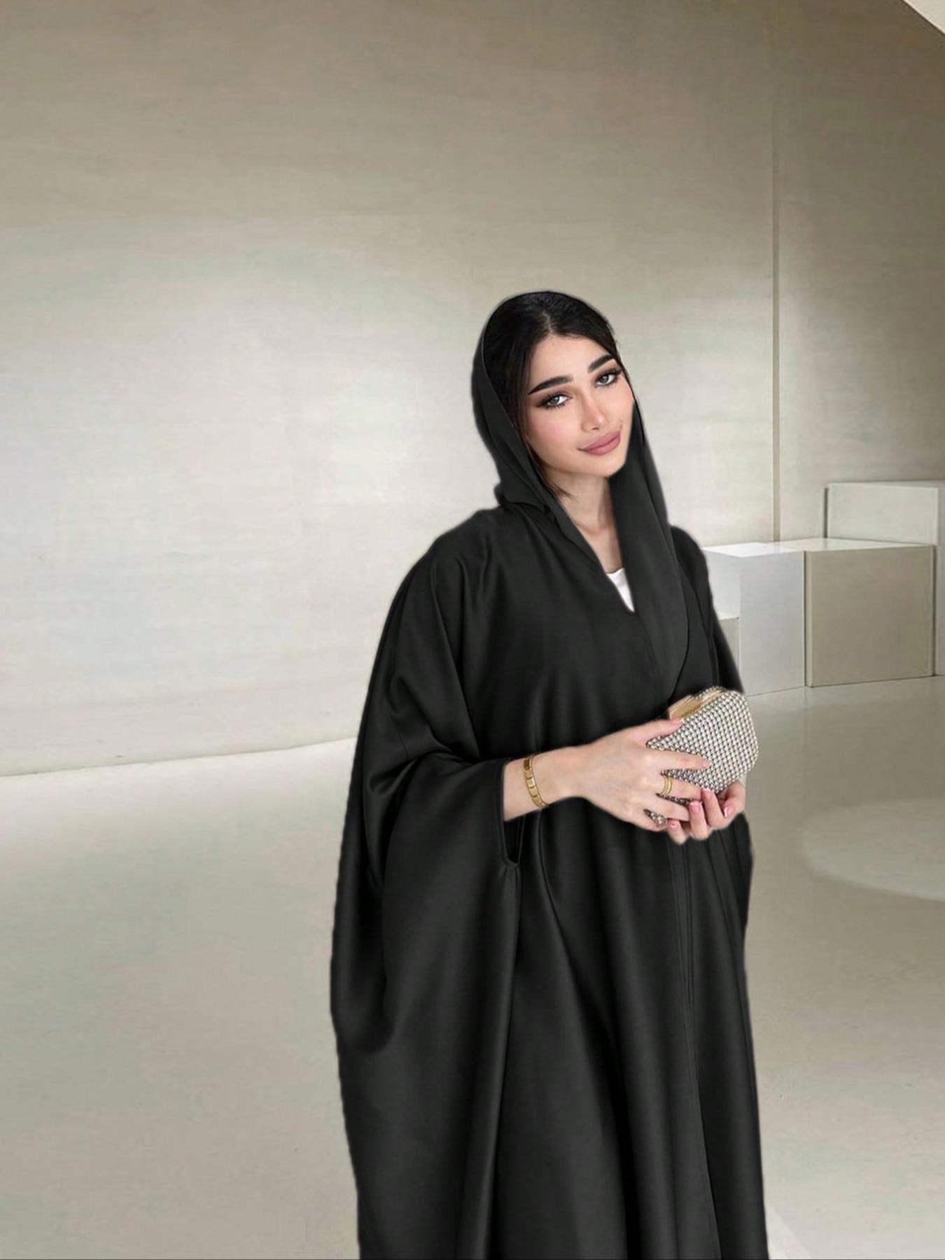 Women's Solid Batwing Sleeve Satin Abaya, Modest Fashion Long Sleeve Open Front Muslim Robe for Daily Wear, Ladies Islamic Clothing for All Seasons, Islamic Modesty Clothes