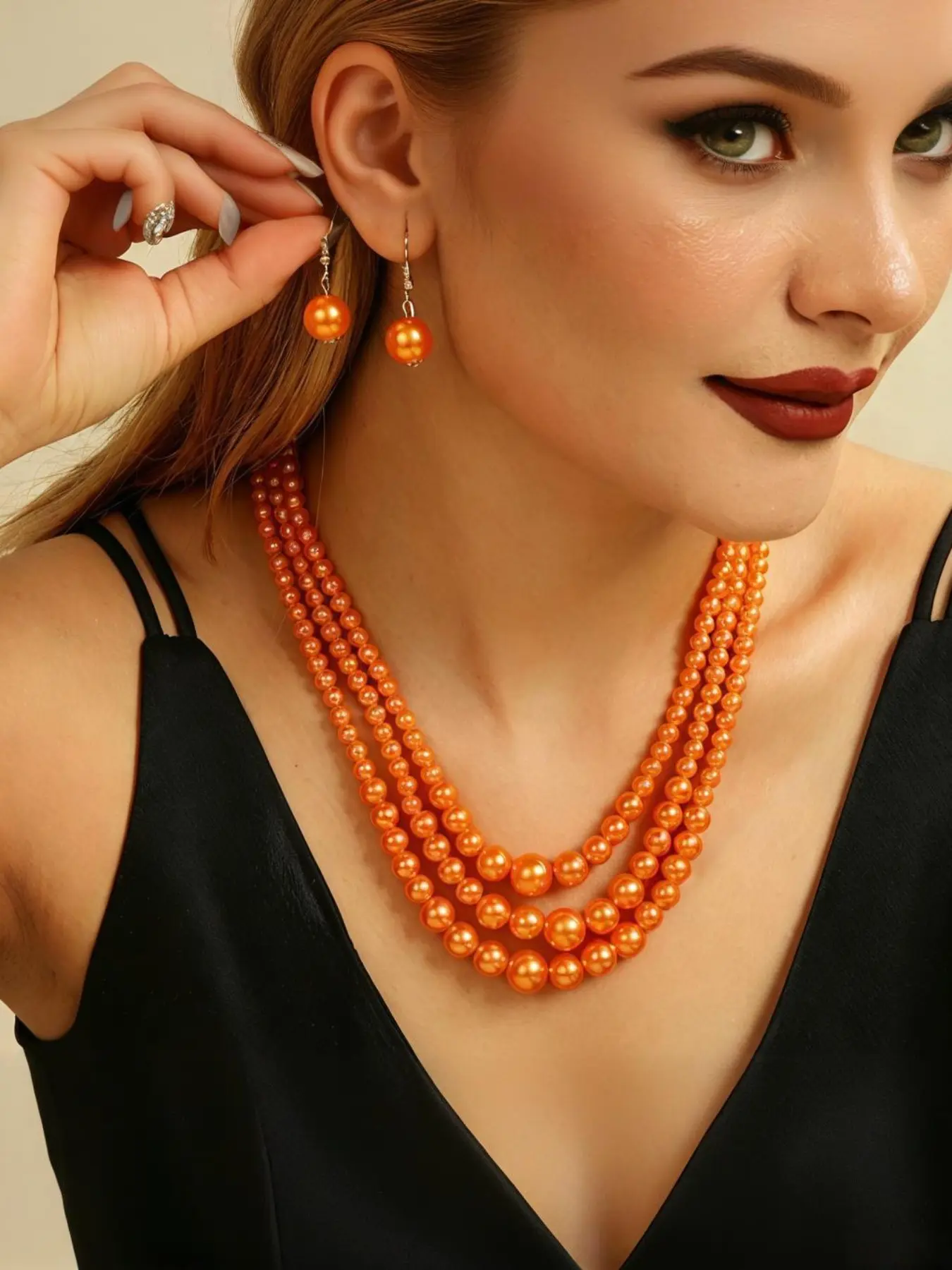 1 Set Orange Multi Layer Faux Pearl Necklace & Round Pearl Drop Earrings Set Elegant Vintage Glossy Beaded Statement Jewelry for Women Wedding Banquet Daily Formal Occasion Outfit