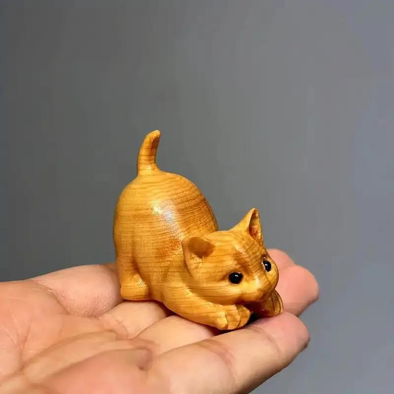 Cute Lazy Cat Design Wooden Ornament, 1 Count Hand Carved Desktop Decoration, Desktop Statue, Creative Home Decor for Living Room Bedroom Office, Cute Collectible Figurines