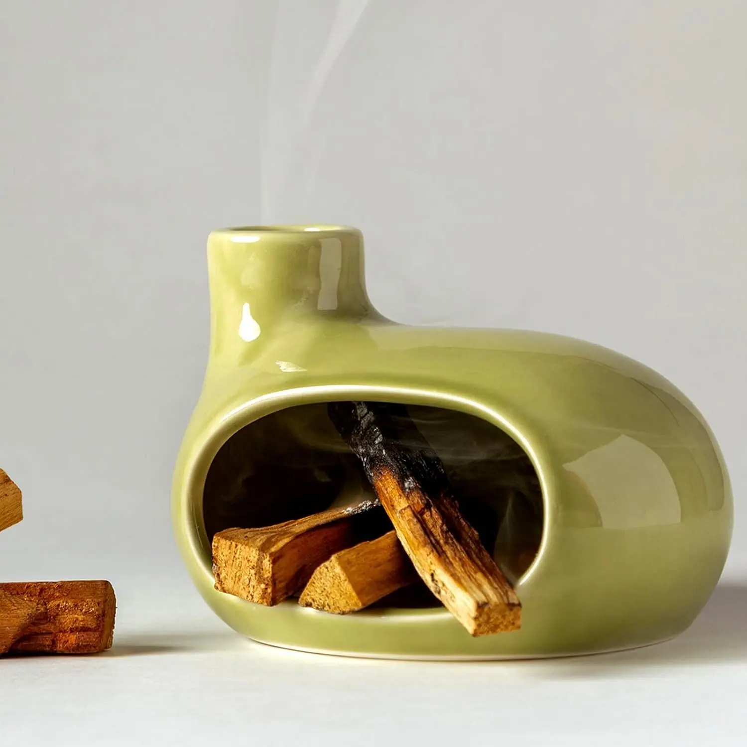 Palo Santo Holder Burner - Modern Chiminea Incense Dish for Palo Santo Sticks and Cones - Ceramic Meditation Gift with Natural Polished Surface - Perfect for Yoga, Aromatherapy