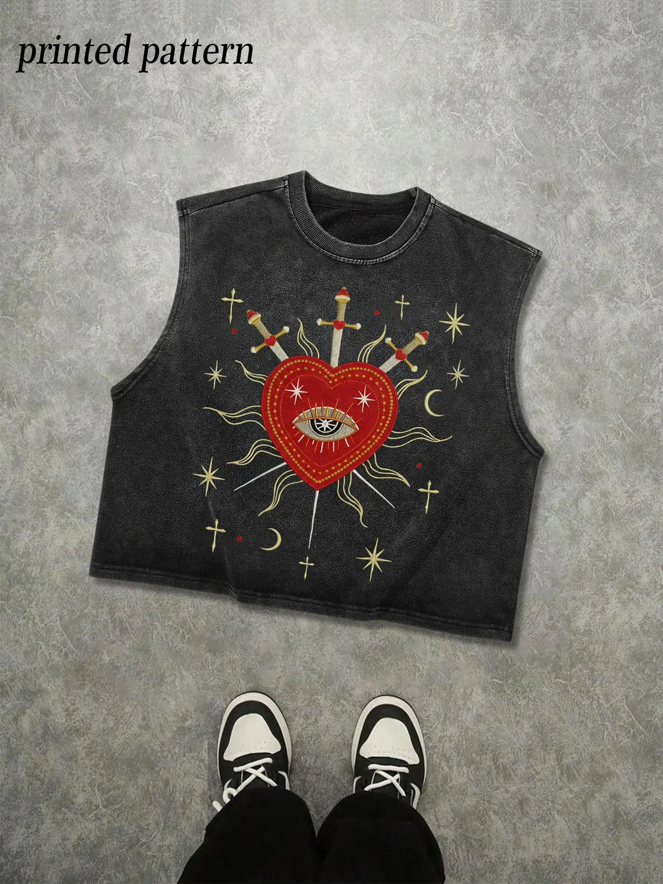 Men's Vintage-Washed Sleeveless Loose Baggy Tank Top with Sacred Heart and All-Seeing Eye Graphic Print, Gothic Streetwear Vest