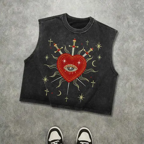 Men's Vintage-Washed Sleeveless Loose Baggy Oversized Graphic Tank Tops with Sacred Heart and All-Seeing Eye Graphic Print, Gothic Streetwear Vest