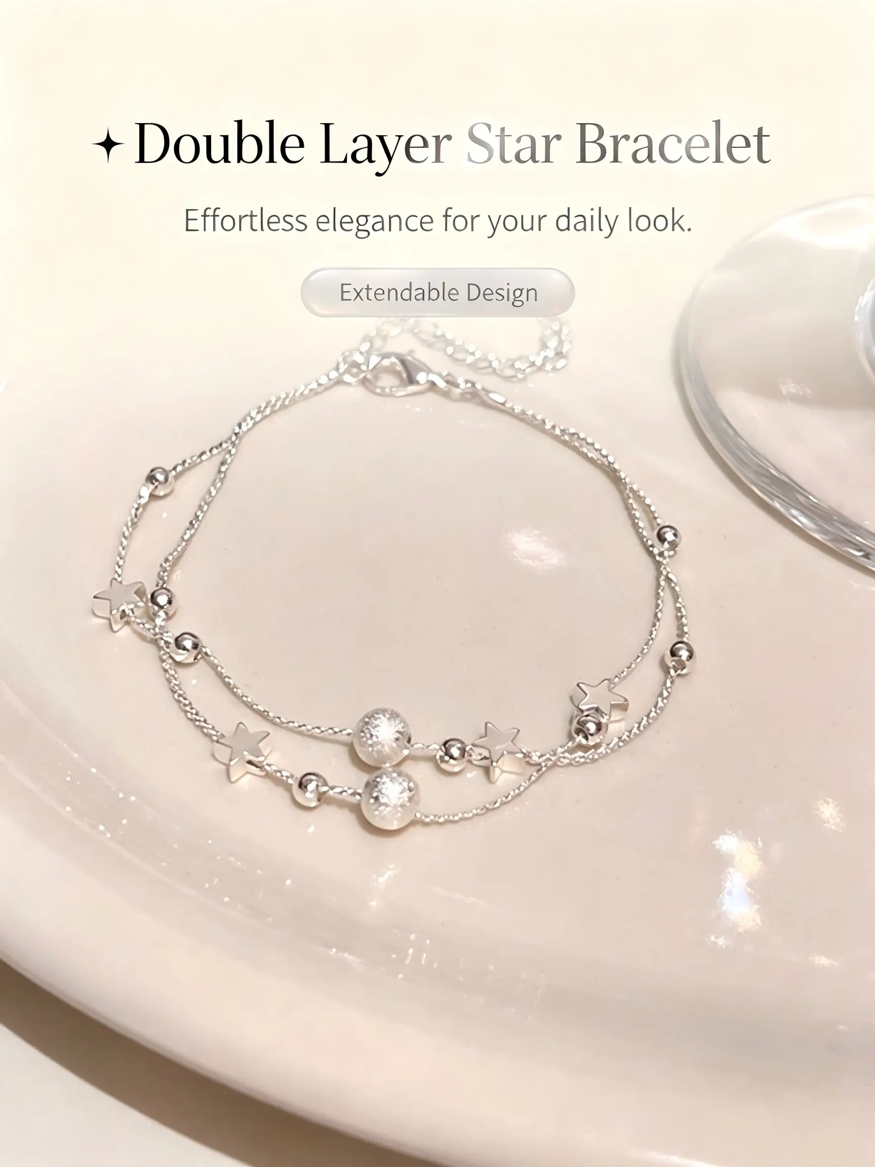 Sterling Silver Double Layer Star Bracelet for Women, Dainty Multi Chain with Frosted Beads, Adjustable Stackable Wrist Jewelry Gift