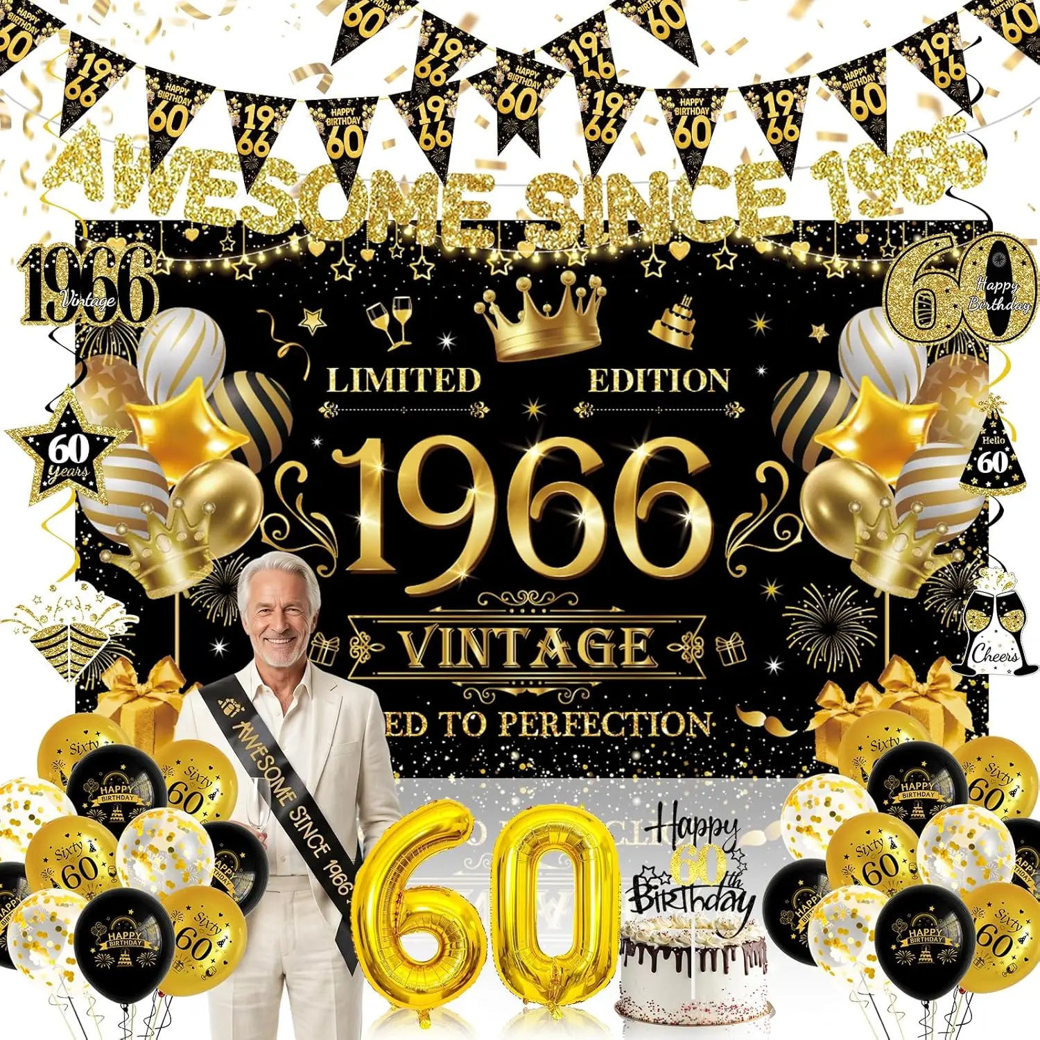 60th Birthday Decorations Set for Men - Black Gold 33PCS 1966 Retro Party Supplies Kit with Backdrop Banner, Balloons, Sash, Cake Topper, Hanging Swirls, Festive Gift for 60-Year-Old Celebrations