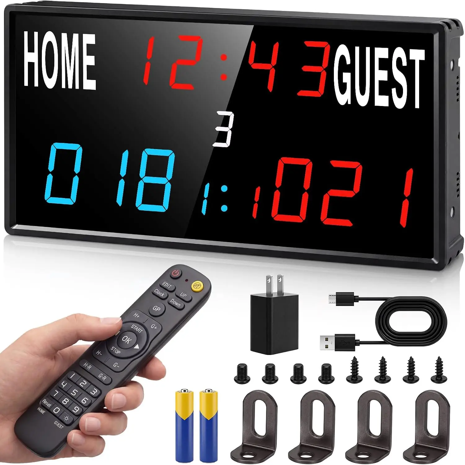 15 Inch LED Digital Scoreboard with 33FT Remote - Timer & 24H Clock, IPX6 Waterproof, 6 Brightness, Dual Power: USB-C Plug-in & Power Bank, Wall Mount for Cornhole Basketball Pickleball