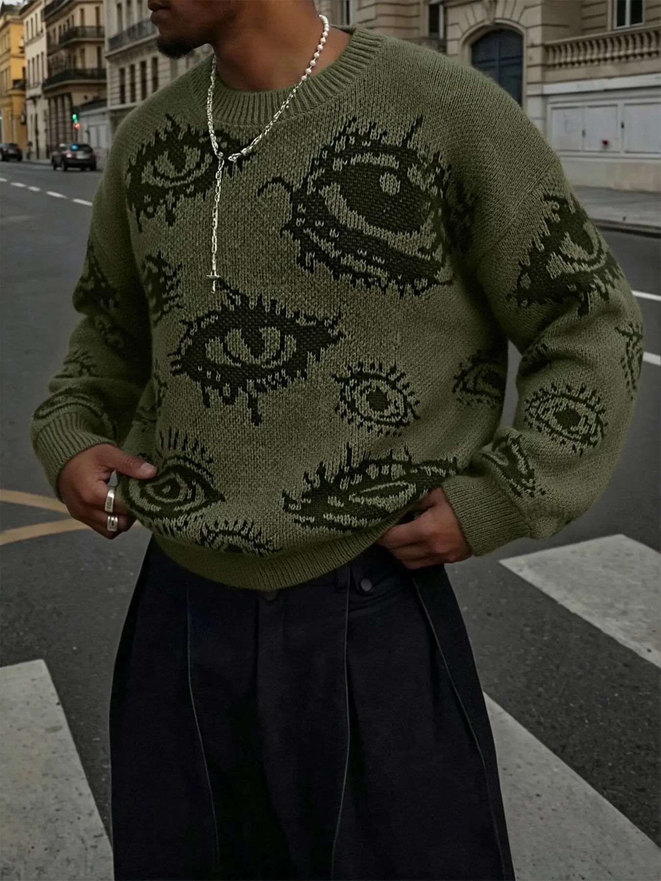Men's Round Neck Knit Sweater, Vintage Street Style, Eye Pattern, Thick Fabric, Warm and Comfortable, Casual Daily Wear