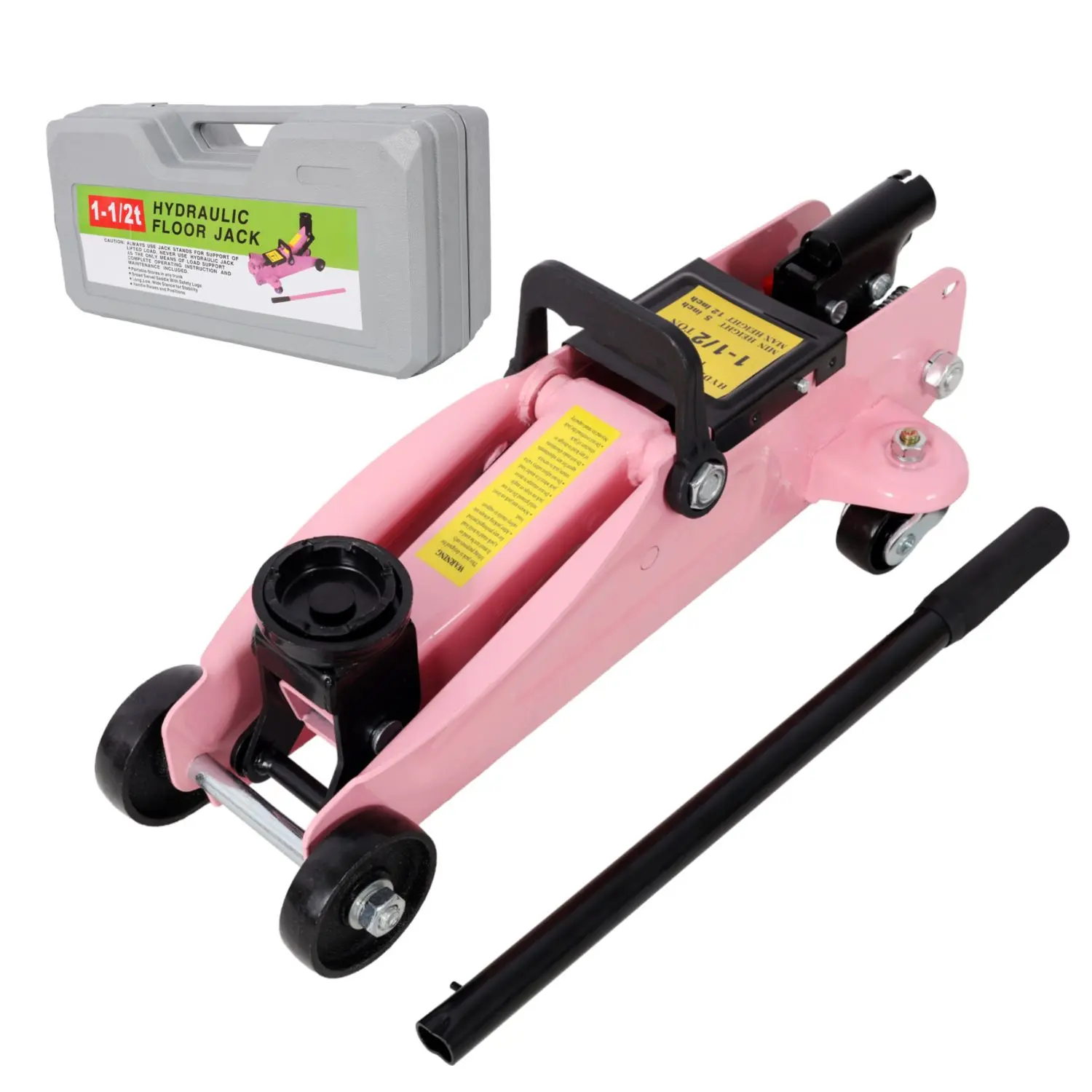 GRIPVOLT 1.5-Ton Low Profile Hydraulic Trolley Racing Floor Jack, Heavy Duty Durable Steel Construction, 3300 lbs Strong Lifting Capacity, 5"-11.8" Lifting Range, Top Handle, Oil Maintenance, Plastic Case, Pink, Int'l Standards Compliant for Cars/SUVs