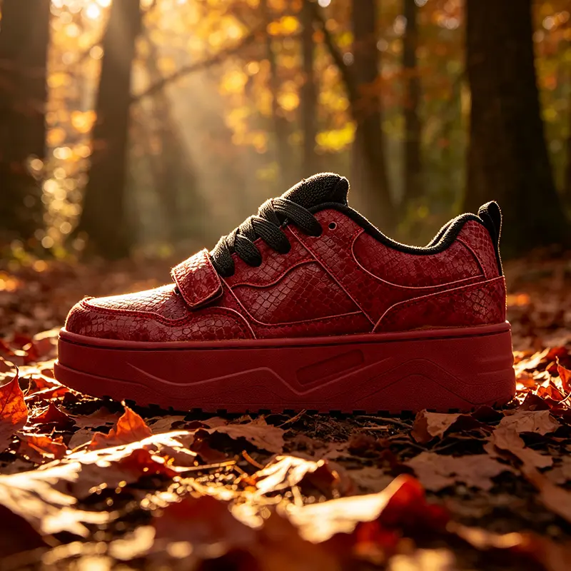 Women’s Red Snake Skin Pattern Chunky Platform Sneakers, Adjustable Hook‑and‑Loop Strap Lace‑Up Skate Shoes, Retro Street Fashion Casual Footwear for All‑Day Comfort