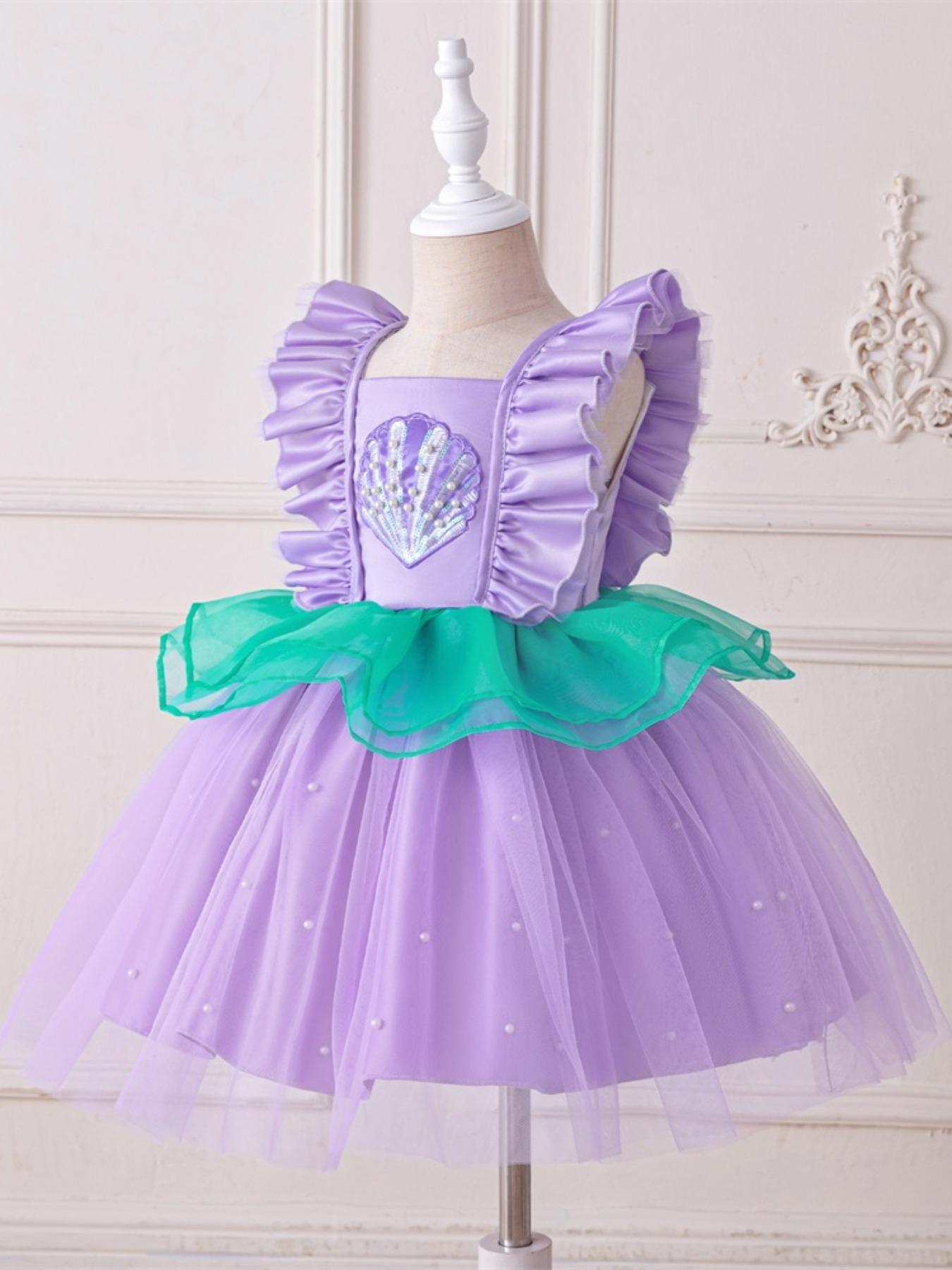 Girl's Contrast Sequin Ruffle Trim Tiered Layer Mermaid Dress, Elegant Butterfly Sleeve Square Neck Fit & Flare Dress for Party, Princess Quince Dresses, Kids Clothes for All Seasons