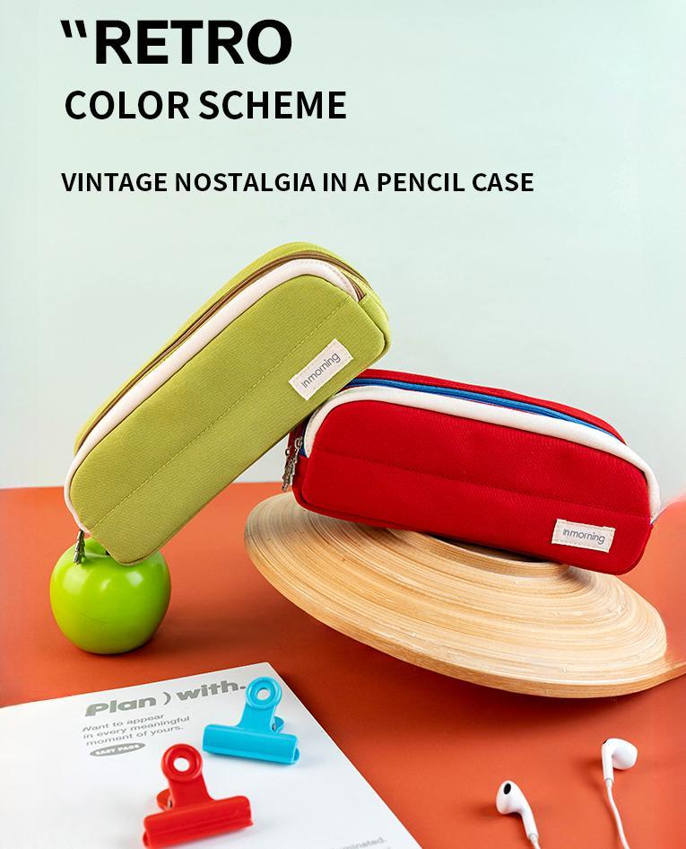 2 solid colour patchwork pencil cases with stain resistant lining, stand up design in solid colours, made canvas, large capacity, minimalist style, convenient DIY organisation, pencil stationery case