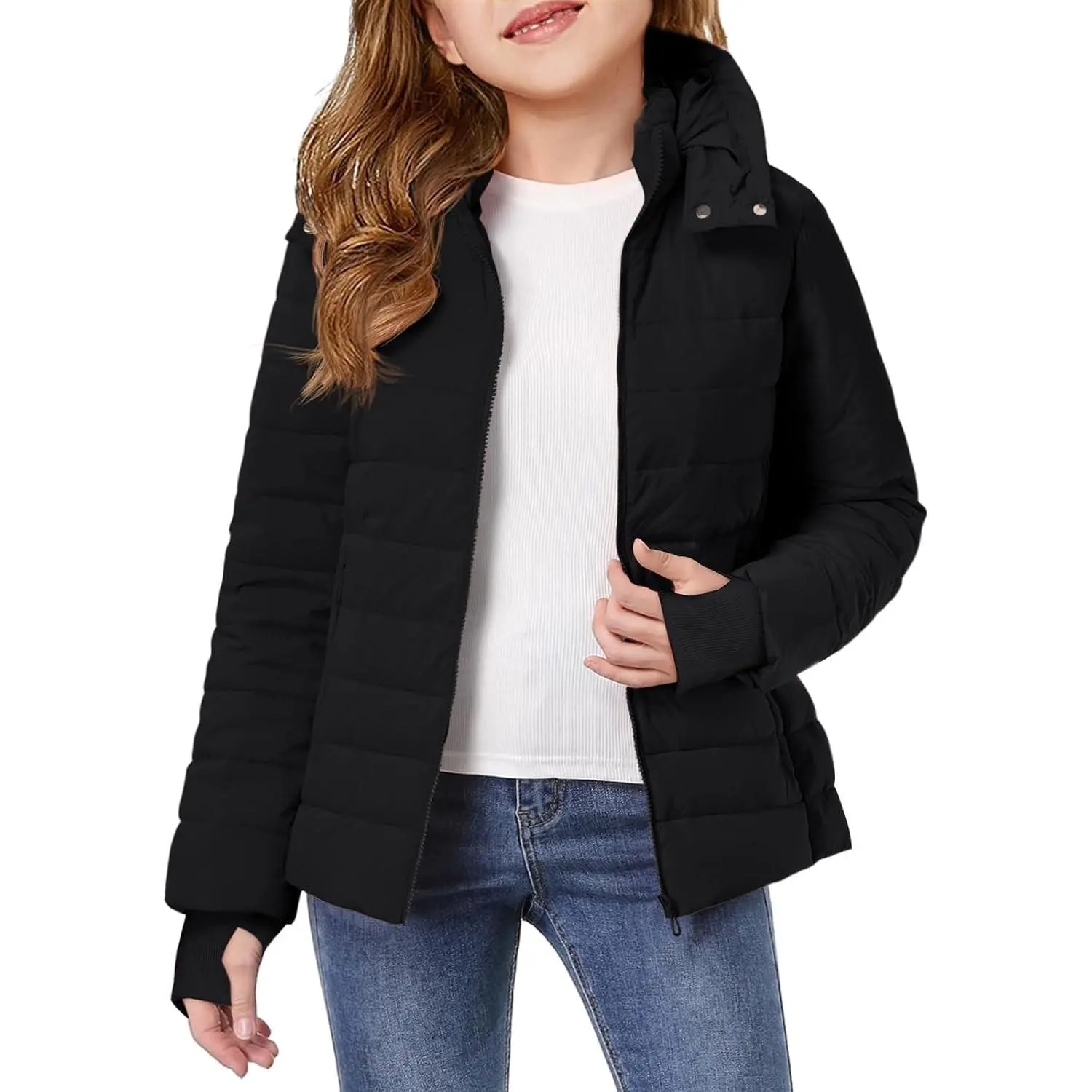 Girls Hooded Puffer Jacket Kids Winter Quilted Down Coats with Zipper Pockets 5-14 Years