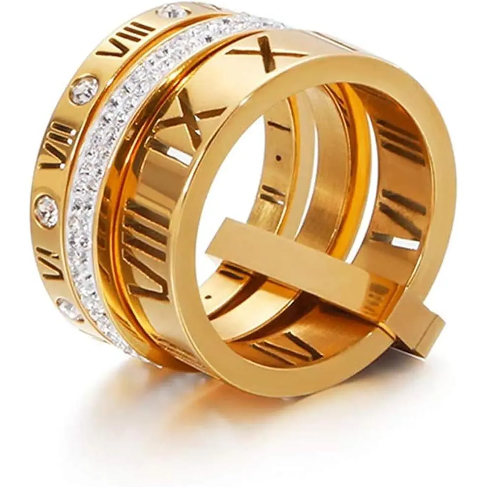Stainless Steel CZ Zirconia Roman Numeral Ring For Women Stacking Thumb 3 in 1 Spinner Rings
