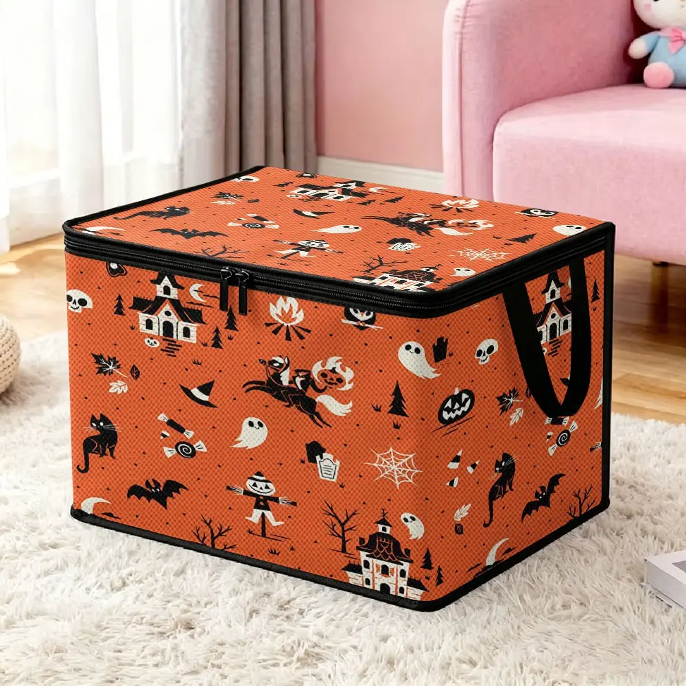 Halloween Printed Non-woven Storage Box, for Clothes Storage, Doll and Sundry Organization, Large-Capacity Foldable Non-woven Storage Bin for Living Room Home Storage, Orange Base with Dark Halloween Prints, Zipper Dustproof Design with Carry Handles, Fab