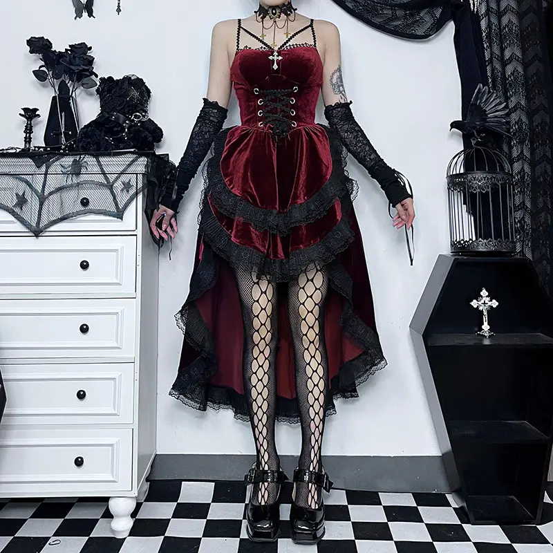 Gothic Devil Halloween Costume Women Irregular Lace High‑Low Dress with Horn Headpiece Vampire Cosplay Outfit