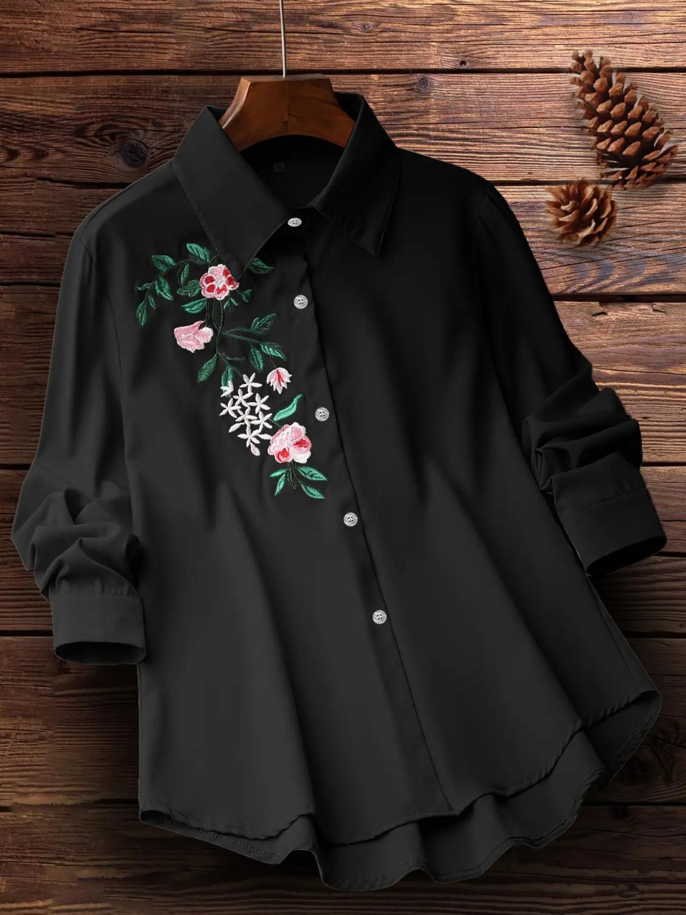 Women's Floral Embroidery Plicated Button Front Shirt, Fashion Casual Long Sleeve Collared Top for Daily Outdoor Wear, Ladies Clothes for Spring, Womenswear