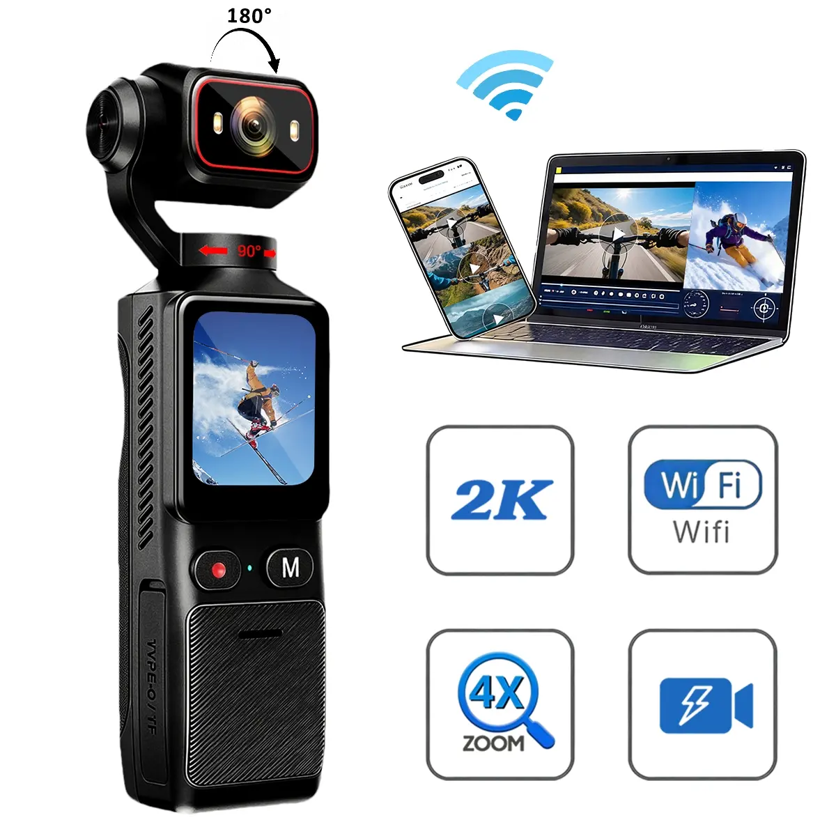 Portable 2K Action Camera, 2K HD Sports Cam with WiFi Wireless Connection & Night Vision, Wide 180° Rotatable Lens, Loop Recording, Compact Design, for Cycling, Skiing, Hiking, Outdoor & Daily Recording, HD Video Camera, Bike Camera