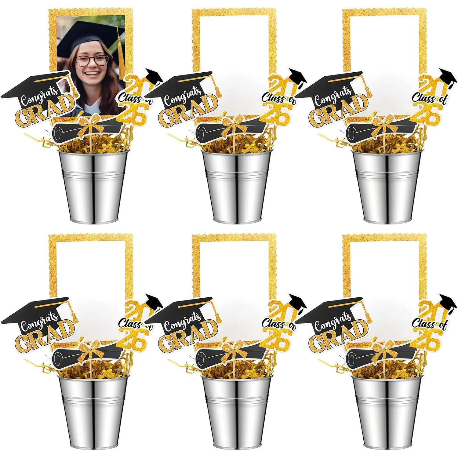 6 Set 2026 Graduation Table Centerpieces Photo Table Toppers with Small Galvanized Buckets and Shredded Paper Filler for Class of 2026 Graduation Party Decoration(Yellow)