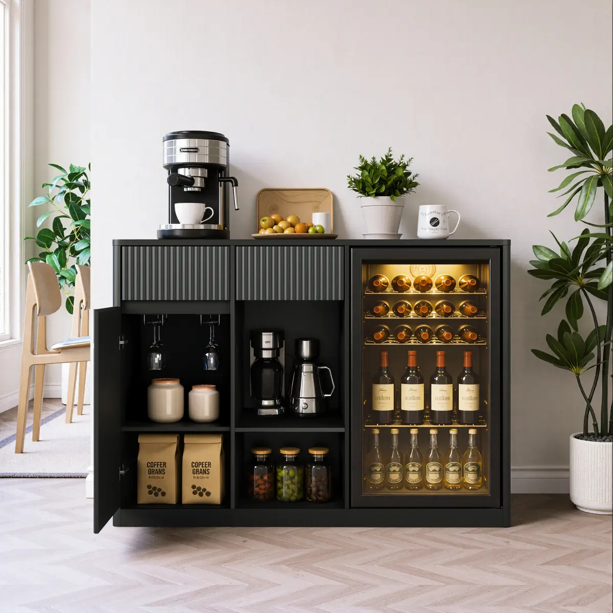 [Fahuac] Modern Rectangular Fluted Front Mini Fridge Cabinet, Particle MDF Coffee Bar Station Sideboard with Built-in Outlets & USB Ports, Kitchen Storage Buffet, Usb Outlets