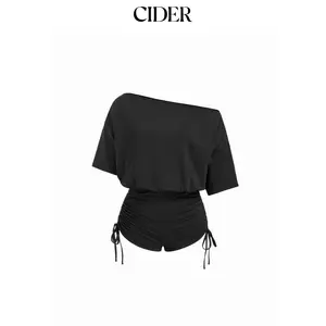 Cider Off-Shoulder Drawstring Ruched Romper
